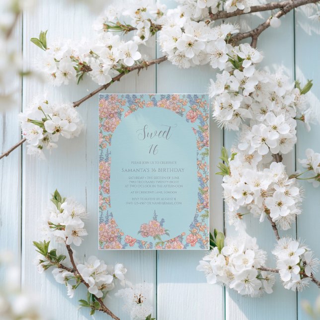 Invitation Fleurs chic rose et bleu shabby 16 Anniversaire (Créateur téléchargé)