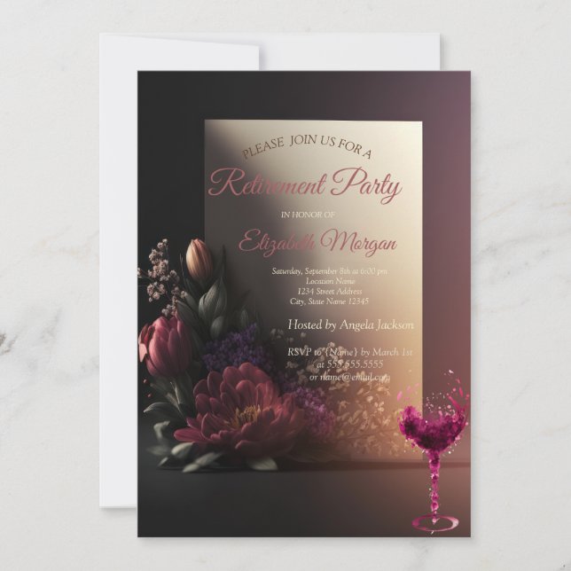 Invitation Fleurs Chic,Verre à vin Retraite Partie  (Devant)