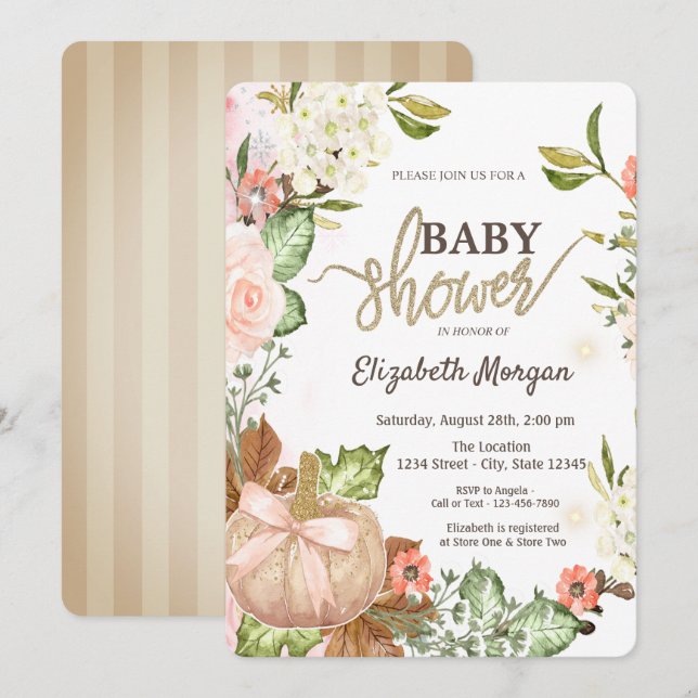 Invitation Fleurs citrouilles Feuilles  Baby shower (Devant / Derrière)