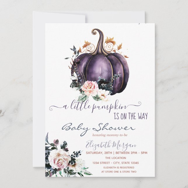 Invitation Fleurs Citrouilles violettes, Baby shower pointill (Devant)