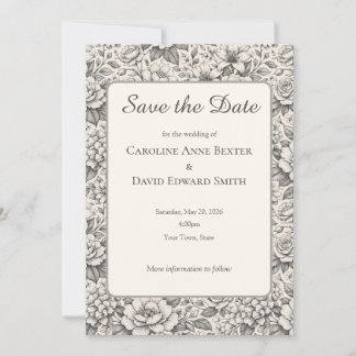 Invitation Fleurs Classiques de Couleur Charbon de Bois Gravé