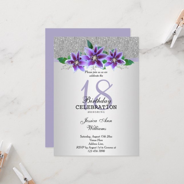 Invitation Fleurs Clematis et Argent Classy 18e anniversaire (Devant/Arrière en situation)