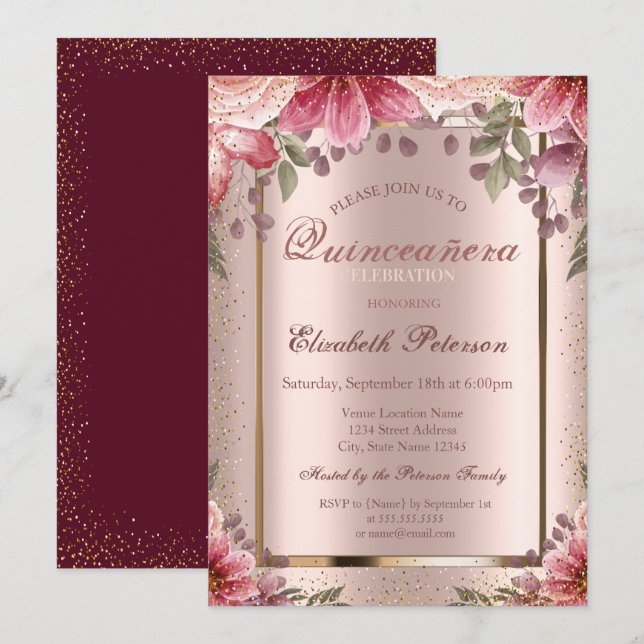 Invitation Fleurs Confetti Rose or, Bourgogne Quinceañera (Devant / Derrière)