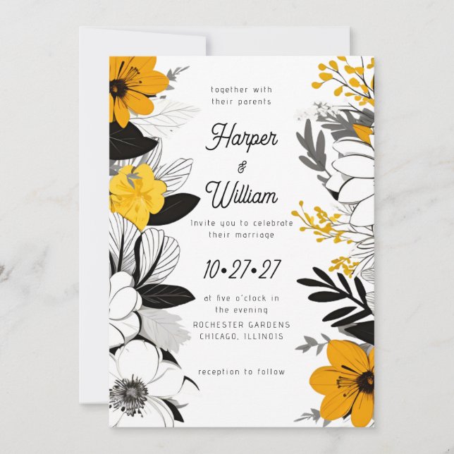 Invitation Fleurs contemporaines noir, blanc, jaune mariage (Devant)