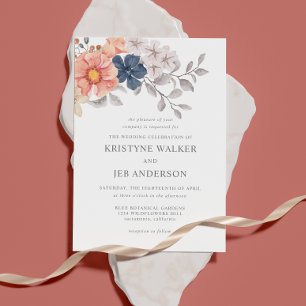 Invitation Fleurs corail et marine   Elegant Botanical Invita