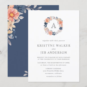 Invitation Fleurs corail et marine   Mariage d'aquarelle Mono