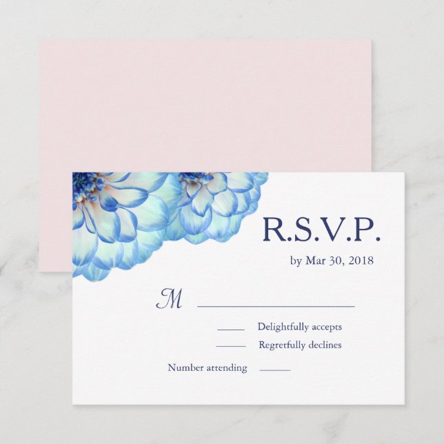 Invitation Fleurs Dahlia bleu blanc rose floral mariage RSVP (Devant / Derrière)