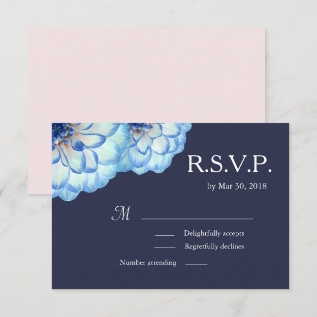Invitation Fleurs Dahlia bleu marine blush mariage floral RSV (Devant / Derrière)