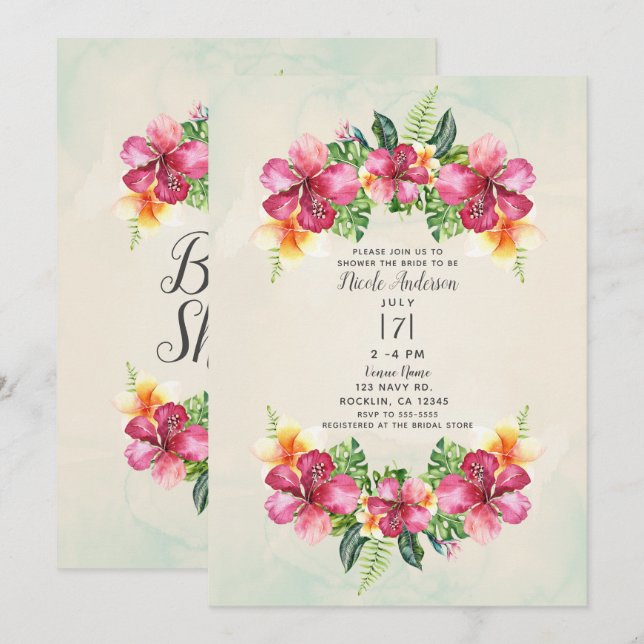 Invitation Fleurs d'Aloha tropicales Fête des mariées botaniq (Devant / Derrière)