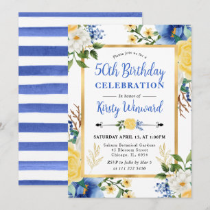Invitation Fleurs d'anniversaire aquarelle bleues et jaunes