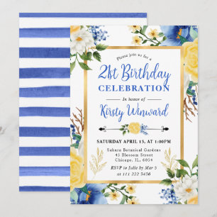 Invitation Fleurs d'anniversaire aquarelle bleues et jaunes