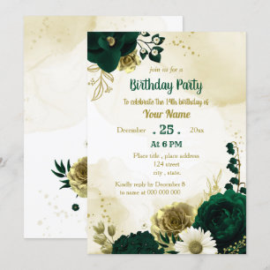 Invitation Fleurs d'anniversaire Emerald green ivoire or