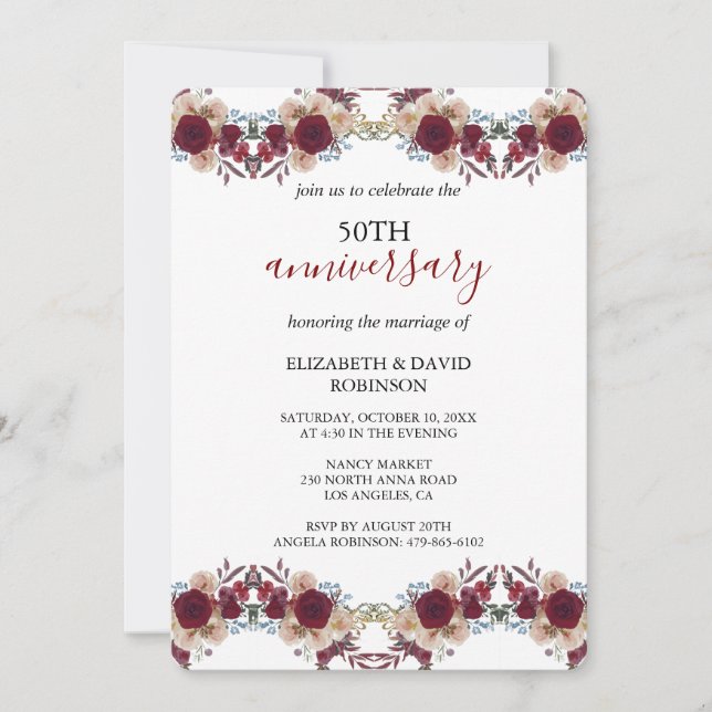Invitation fleurs d'aquarelle 50e anniversaire de mariage (Devant)