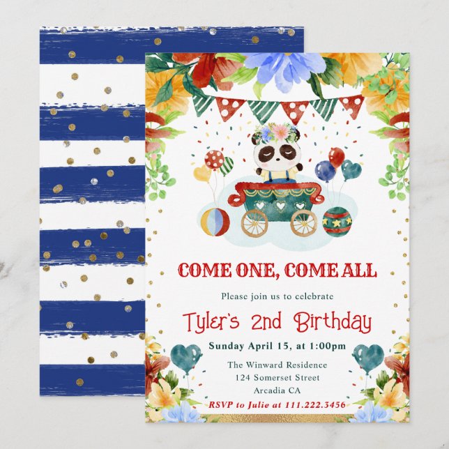 Invitation Fleurs d'aquarelle Anniversaire de enfant Panda (Devant / Derrière)