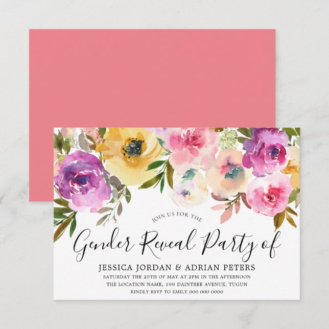 Invitation Fleurs d'aquarelle Baby shower de la fête de révél (Devant / Derrière)