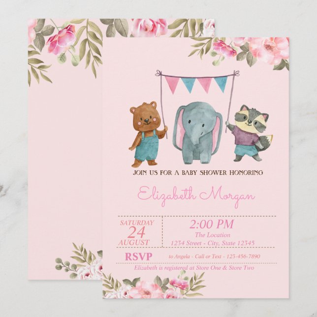 Invitation Fleurs d'aquarelle Baby shower pour bébés animaux (Devant / Derrière)
