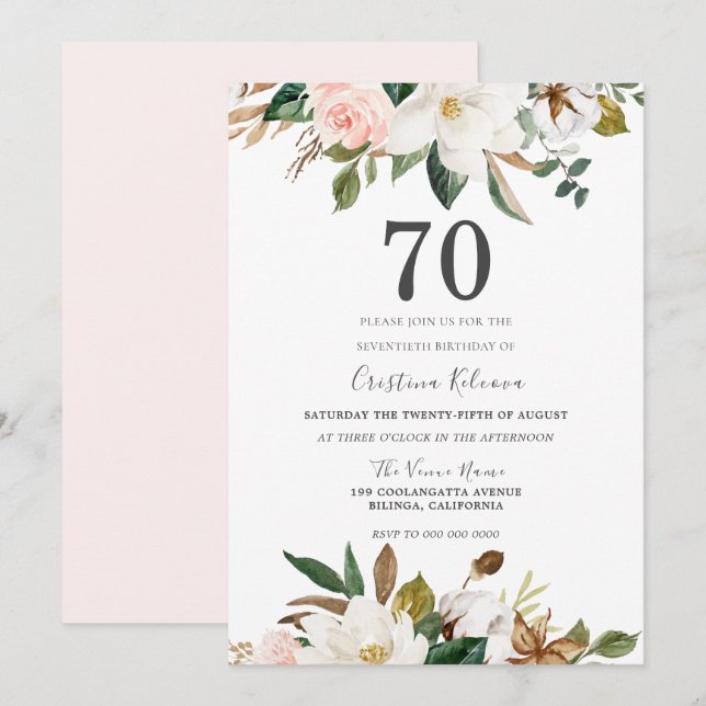 Invitation Fleurs d'aquarelle blanc et blanc 70e anniversaire (Devant / Derrière)