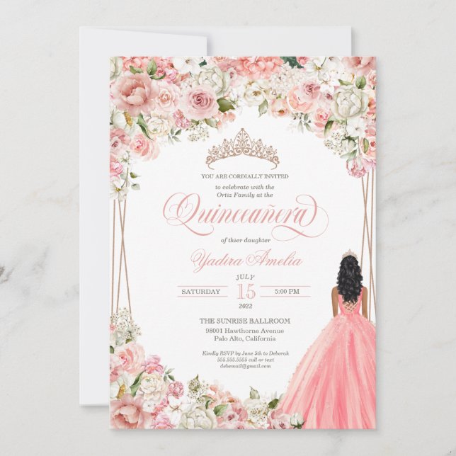 Invitation Fleurs d'aquarelle blanche rose pâle Quinceañera I (Devant)