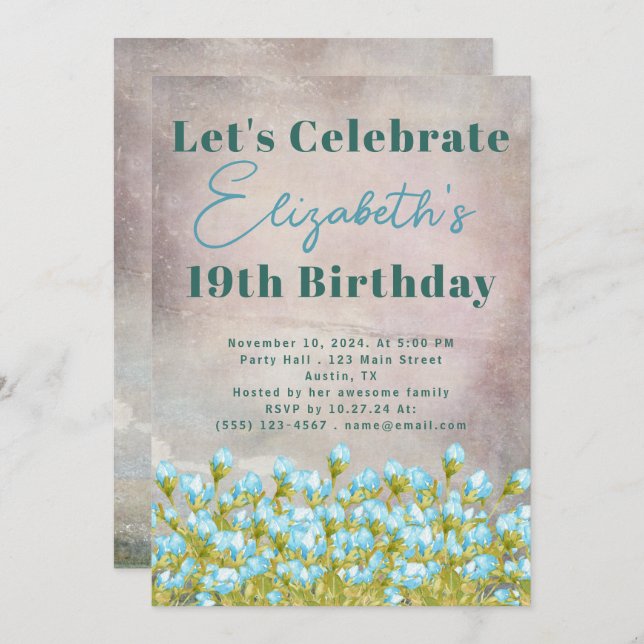 Invitation Fleurs d'aquarelle bleu Arrière - plan rustique (Devant / Derrière)