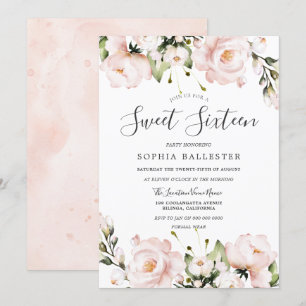 Invitation Fleurs d'aquarelle bleu doux 16 fête d'anniversair