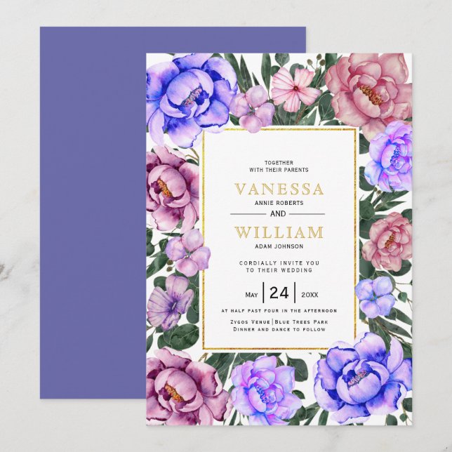Invitation Fleurs d'aquarelle bleu et rose mariage (Devant / Derrière)