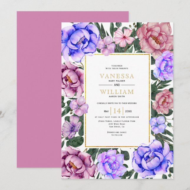 Invitation Fleurs d'aquarelle bleu et rose printemps mariage (Devant / Derrière)