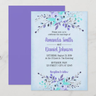 Invitation Fleurs d'aquarelle bleu et violet Roses