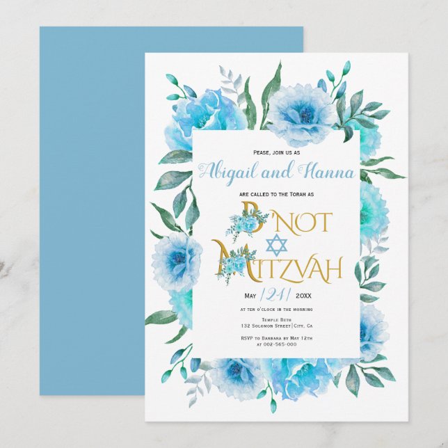 Invitation Fleurs d'aquarelle bleu floral B'Not Mitzvah (Devant / Derrière)