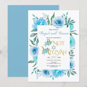 Invitation Fleurs d'aquarelle bleu floral B'Not Mitzvah