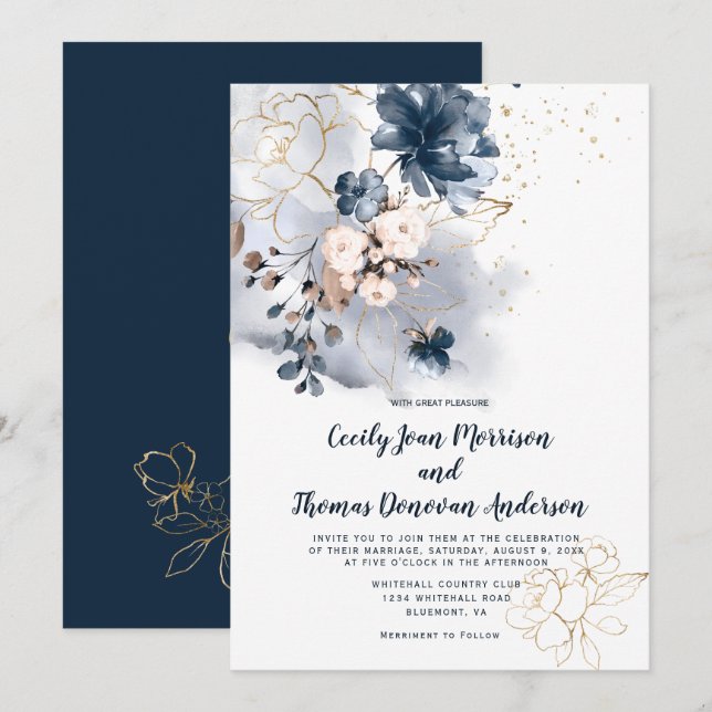 Invitation Fleurs d'aquarelle bleu marine, pêche et or (Devant / Derrière)