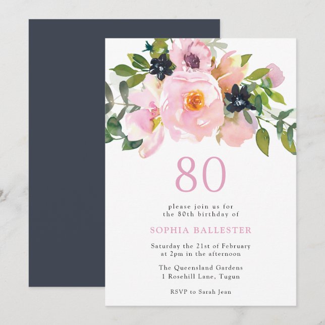 Invitation Fleurs d'aquarelle Blush de la Marine 80e fête d'a (Devant / Derrière)