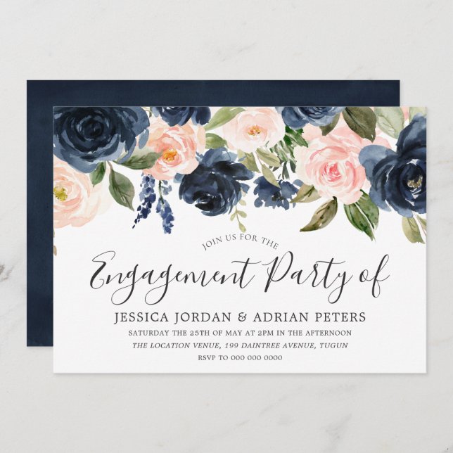 Invitation Fleurs d'aquarelle Blush & Navy (Devant / Derrière)