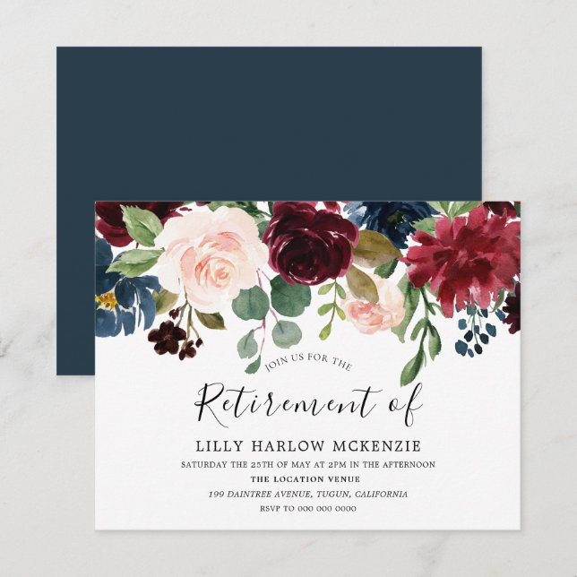 Invitation Fleurs d'aquarelle Bourgogne Parti de retraite (Devant / Derrière)