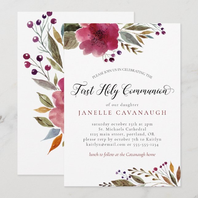 Invitation Fleurs d'aquarelle Bourgogne première communion sa (Devant / Derrière)