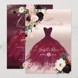Invitation Fleurs d'aquarelle Bourgogne rousse de Quinceanera