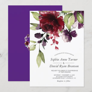 Invitation Fleurs d'aquarelle Bourgogne Royal violet Mariage