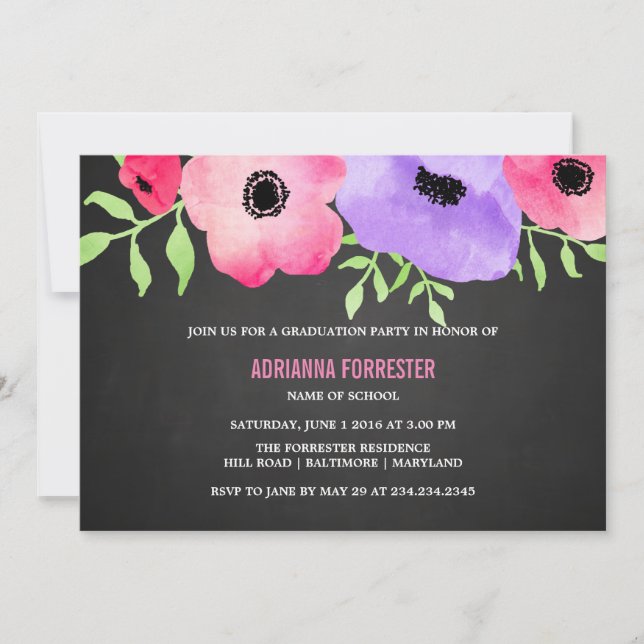 Invitation Fleurs d'aquarelle Chalkboard Graduation Party (Devant)