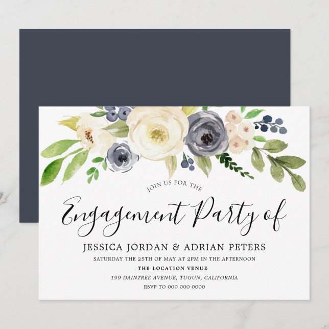 Invitation Fleurs d'aquarelle Champagne de la Marine (Devant / Derrière)