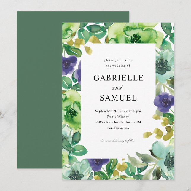 Invitation Fleurs d'aquarelle colorée Mariage vert Sage (Devant / Derrière)