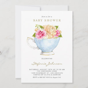Invitation Fleurs d'aquarelle dans le Baby shower Teacup