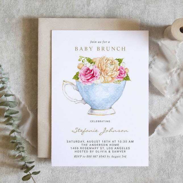 Invitation Fleurs d'aquarelle dans Teacup Baby Brunch (Créateur téléchargé)