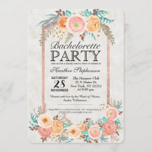 Invitation Fleurs d'aquarelle de corail et bachelorette d'or