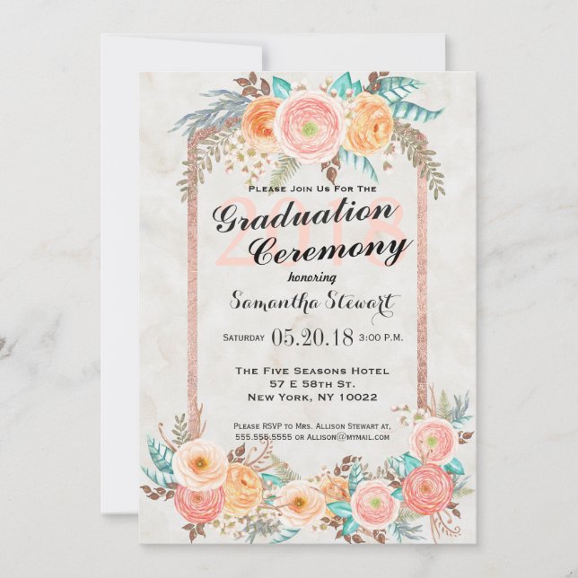 Invitation Fleurs d'aquarelle de corail et graduation d'or (Devant)