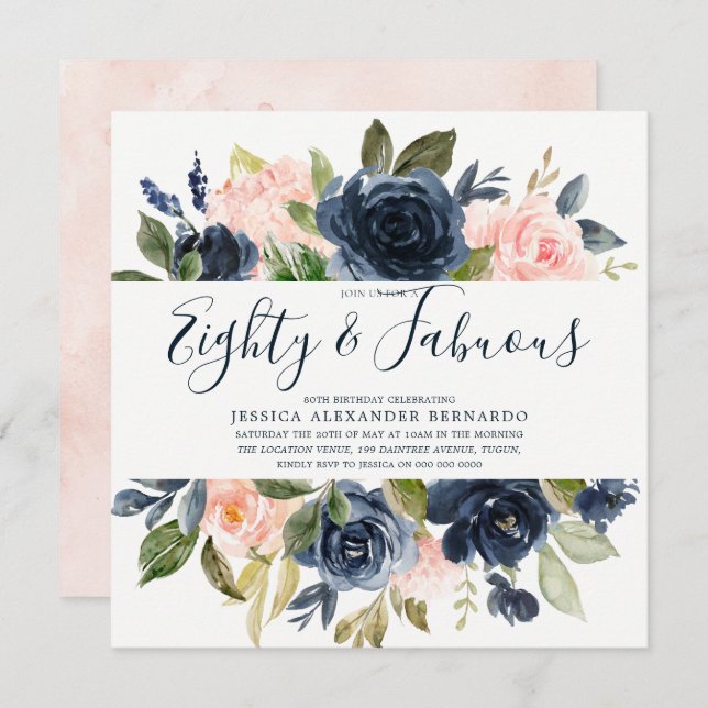Invitation Fleurs d'aquarelle de la Marine rose 80e fête d'an (Devant / Derrière)