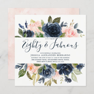 Invitation Fleurs d'aquarelle de la Marine rose 80e fête d'an
