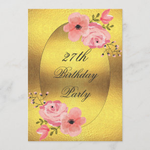 Invitation Fleurs d'aquarelle d'or Faux 27e anniversaire