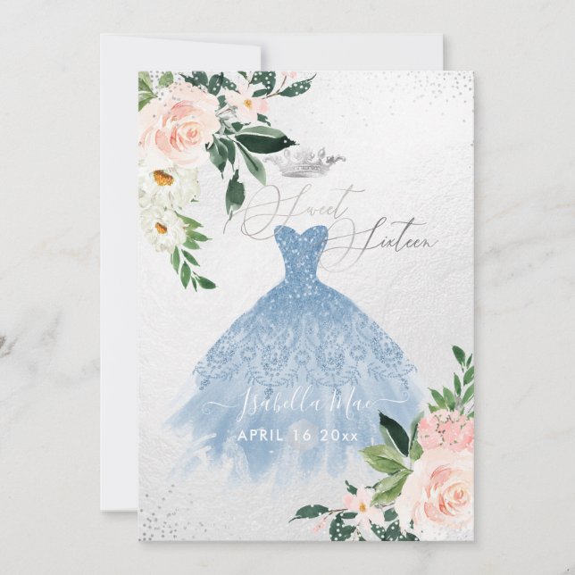 Invitation Fleurs d'aquarelle en Sweet sixteen bleu roux (Devant)