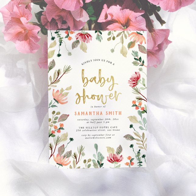 Invitation Fleurs d'aquarelle et Baby shower de lettres d'or (Créateur téléchargé)