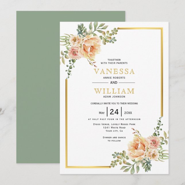 Invitation Fleurs d'aquarelle et cadre doré mariage floral (Devant / Derrière)
