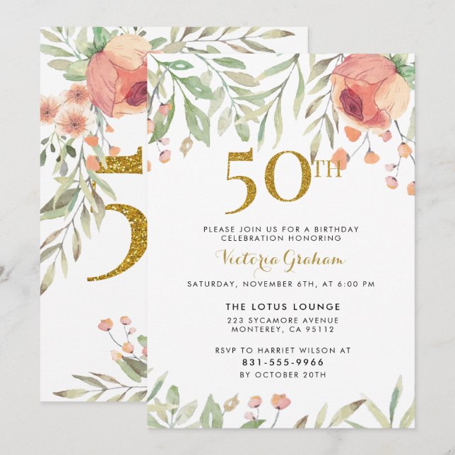 Invitation Fleurs d'aquarelle et Gold 50e anniversaire (Devant / Derrière)
